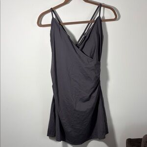 Garnet Hill Signature Surplice Wrap-Front Swim Dress - size 12 - Slate Grey